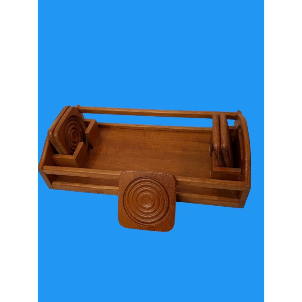 1970s 1980's Teak Barware Set 6pc Winsome Wood Tray Coasters Party Entertain